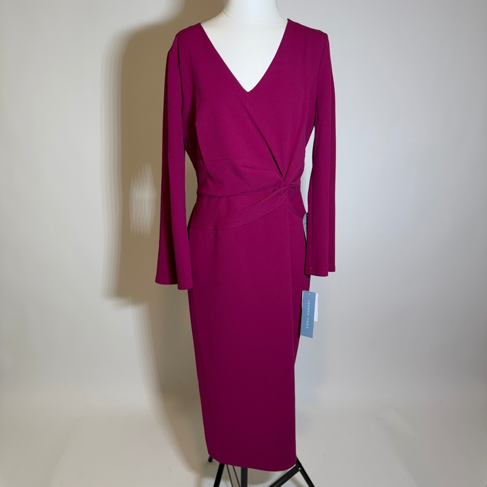 NWD London Times Flare Sleeve V-Neck Side Twist Sheath Dress Womens Sz 12 Orchid